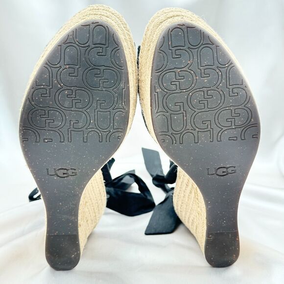 UGG Lucianna Black Silk Leather Espadrille Wedge Sandals 1002916 - Sz 9.5 - Picture 10 of 11